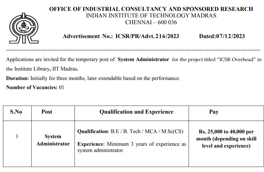 IIT Madras Recruitment 2023 System Administrator Posts; Apply Now ...