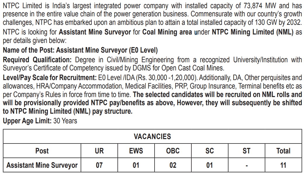 NTPC Recruitment 2023 11 Assistant Mine Surveyor Posts; Apply Now! TN