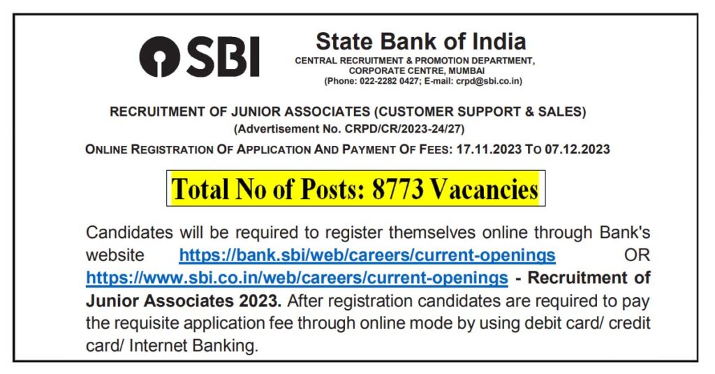 SBI Clerk Recruitment 2023 8773 Junior Associate Posts; Apply Now ...