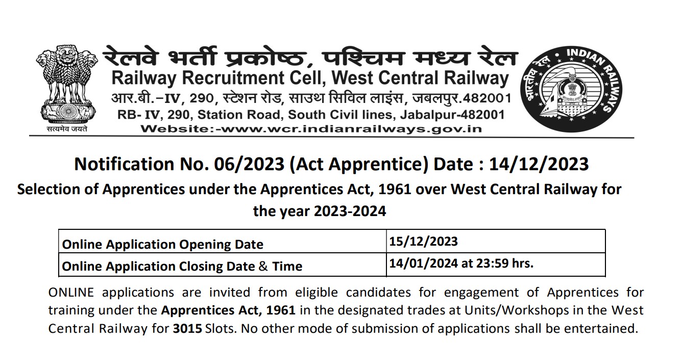 RRC WCR Recruitment 2024 3015 Apprentice Posts; Apply Now! - TN Govt Jobs 2023 2024
